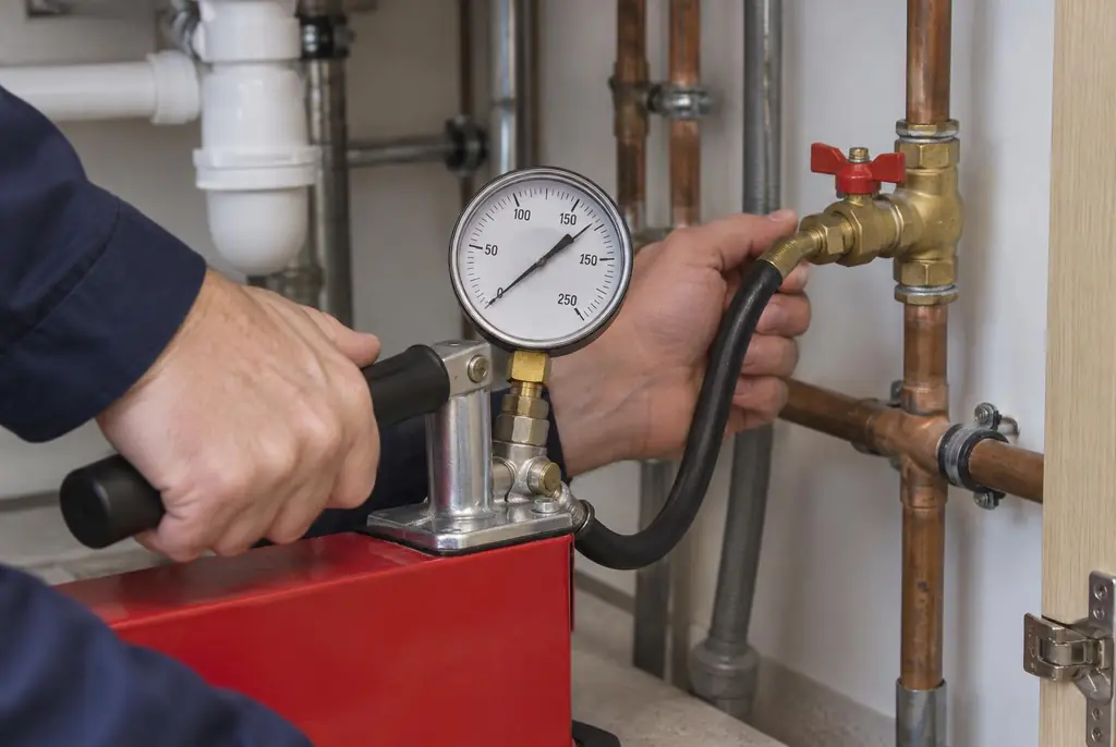 Lekdetectie Wassenaar – druktest op een waterleiding met een manometer