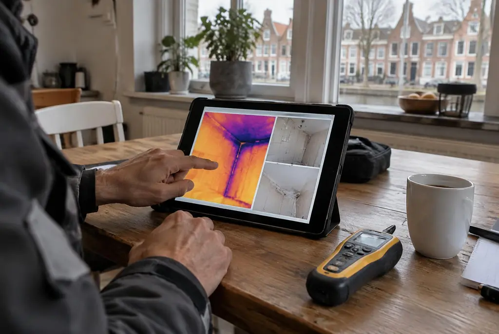 Lekdetectie Wassenaar – lekdetectierapport met warmtebeelden en foto's op een tablet