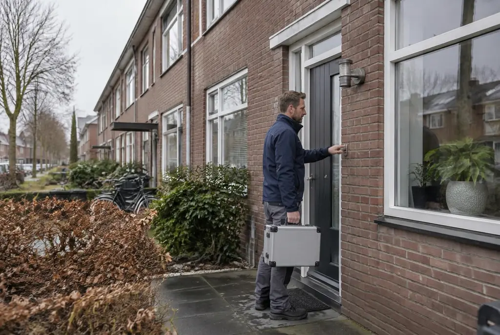Lekdetectiespecialist met meetkoffer bij de voordeur van een woning in Wassenaar